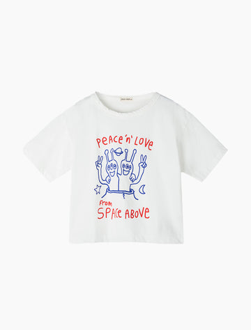 White t-shirt with colorful graphic and text on a white background