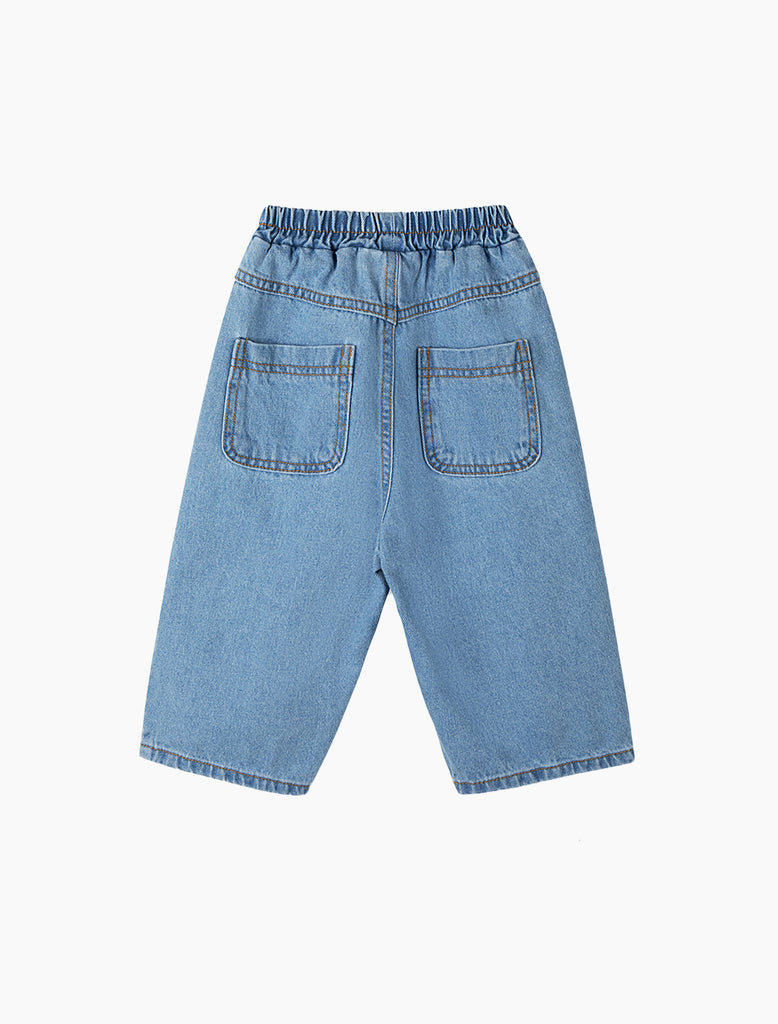 Light blue denim shorts on a white background
