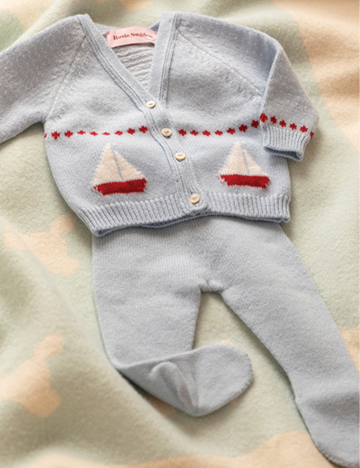 Cashmere Boat Motif Cardigan in Spa Blue/Swan White – Spilled Milk