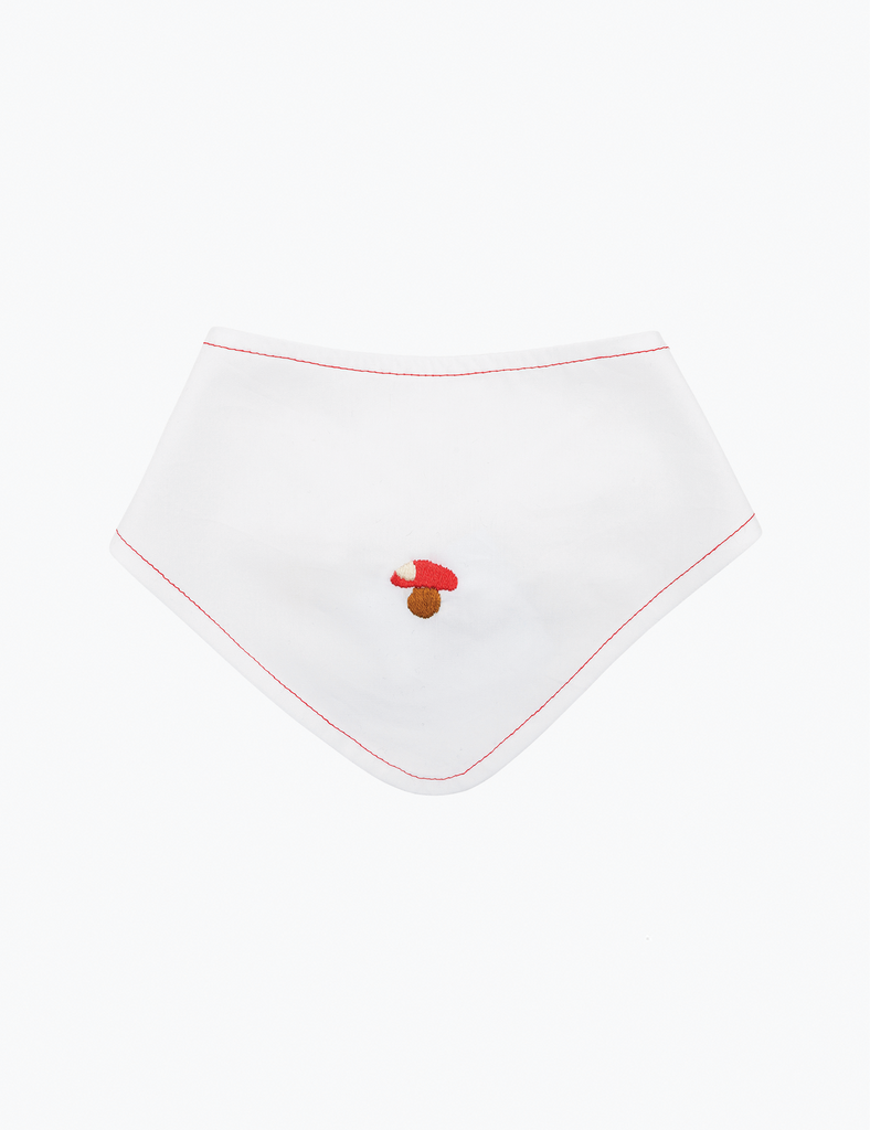 White handkerchief with red trim and embroidered design on a white background
