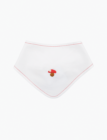 White handkerchief with red trim and embroidered design on a white background