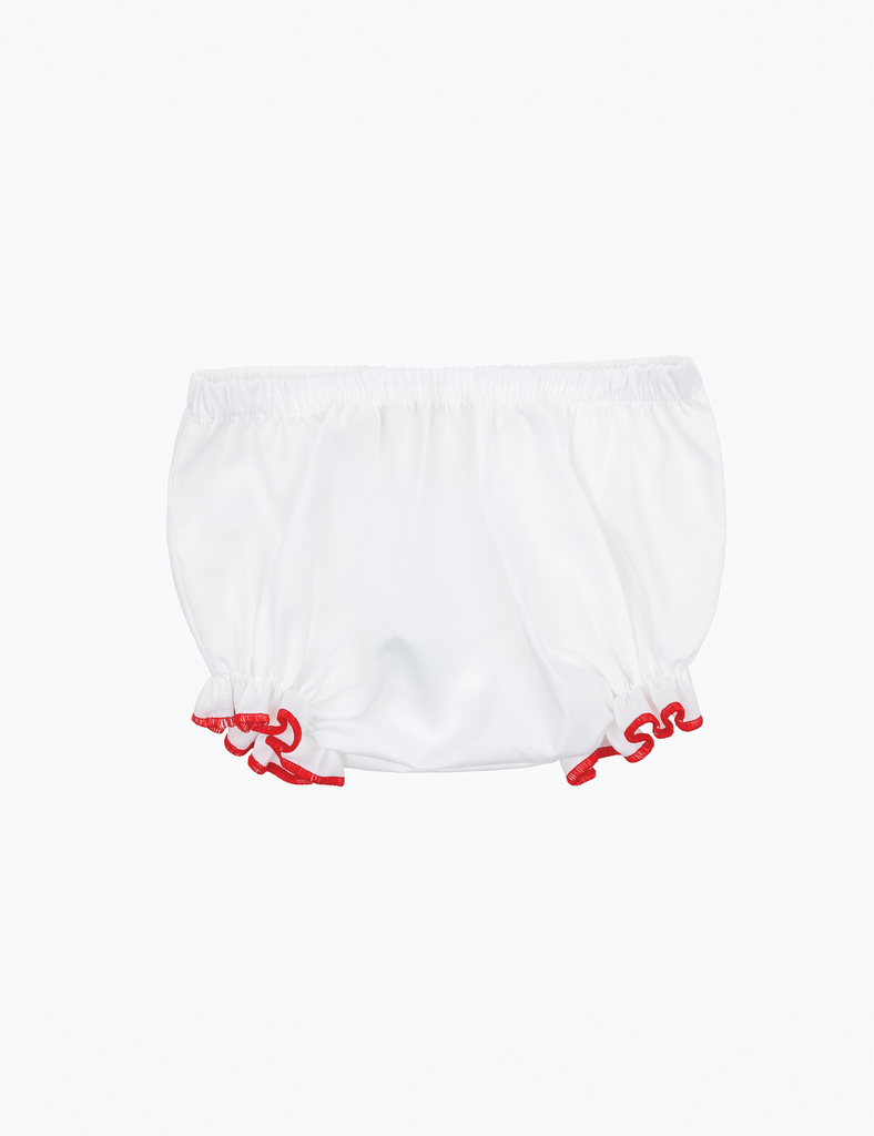 White bloomers with red accents on a white background