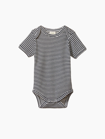 Image of Short Sleeve Bodysuit in Navy Stripe.