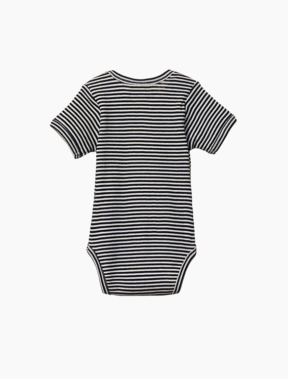 Image of Short Sleeve Bodysuit in Navy Stripe.