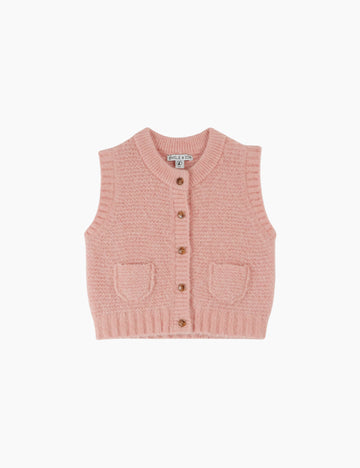 Pink knitted vest with button details on a white background