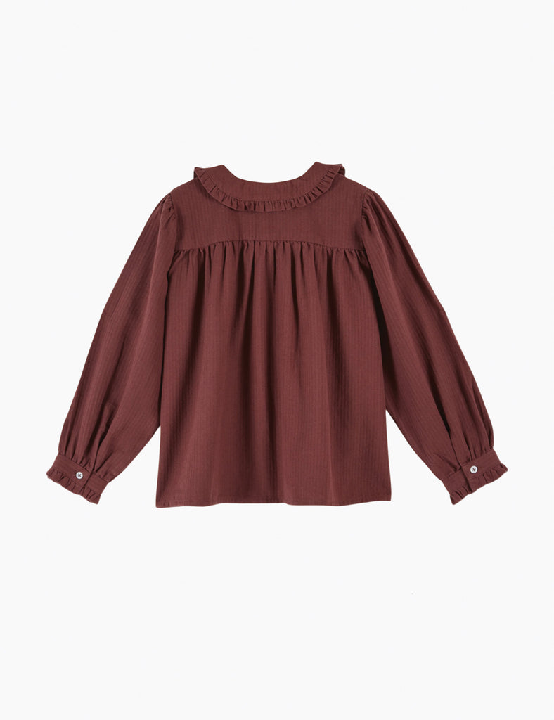 Brown blouse with ruffled collar on a white background