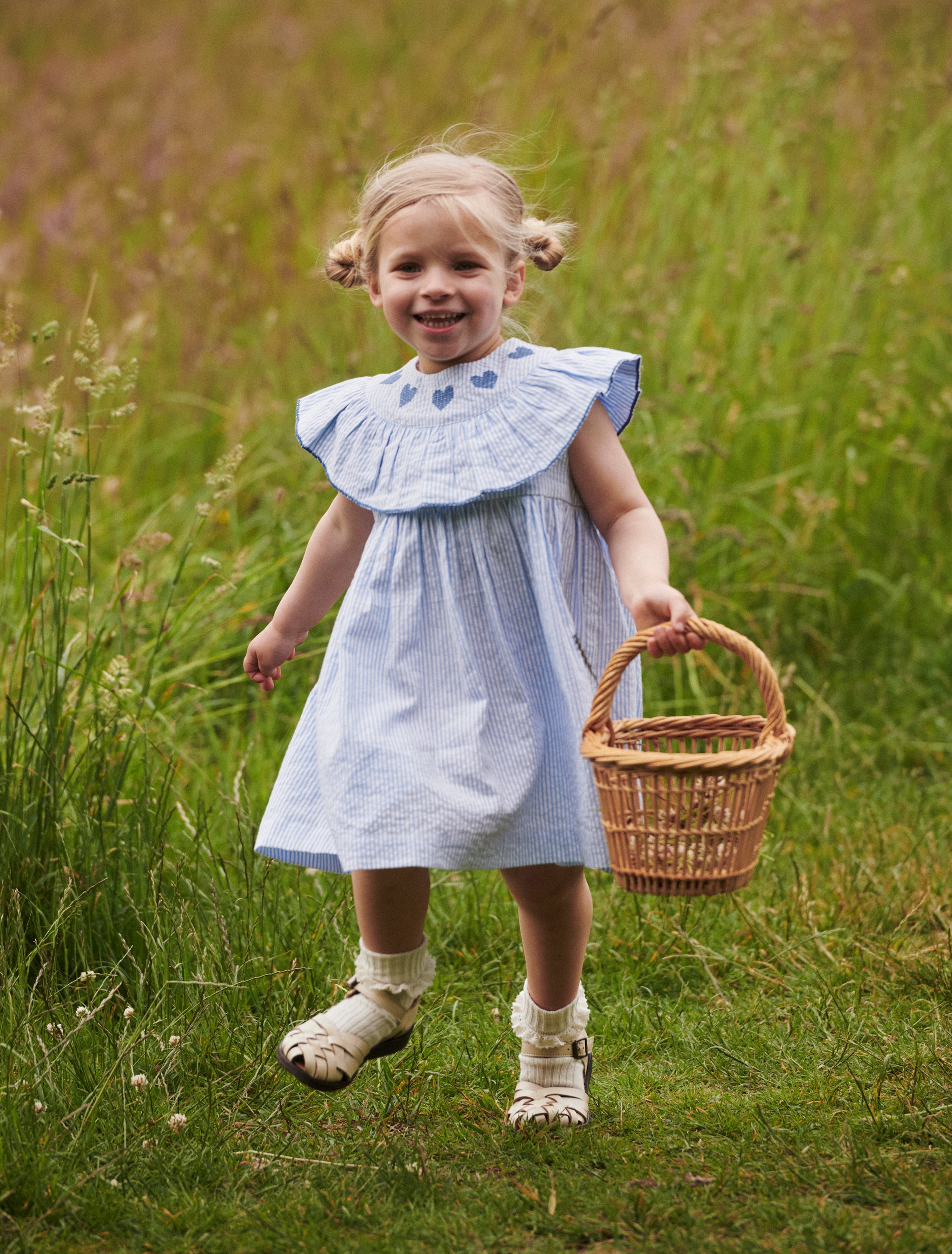 COPENHAGEN COLORS Sky Blue w Cream Stripe w Ocean Blue Seersucker Dress w. Heart