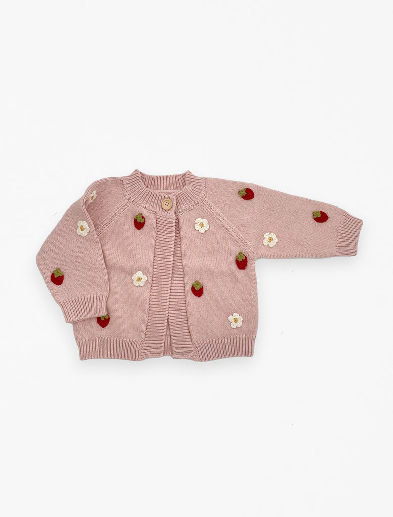 Flat image of the cotton strawberry flower cardigan in blush.