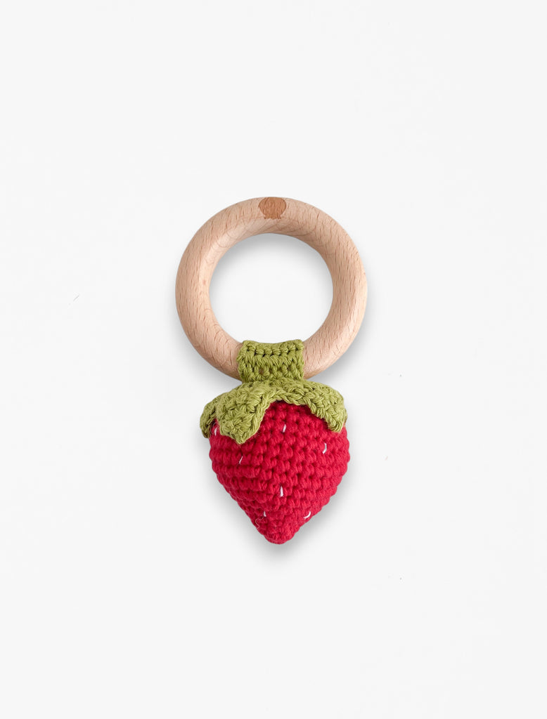 Flat image of the strawberry wooden rattle teether