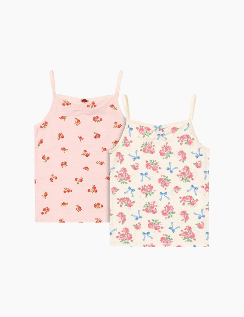 Two floral-patterned camisoles on a white background