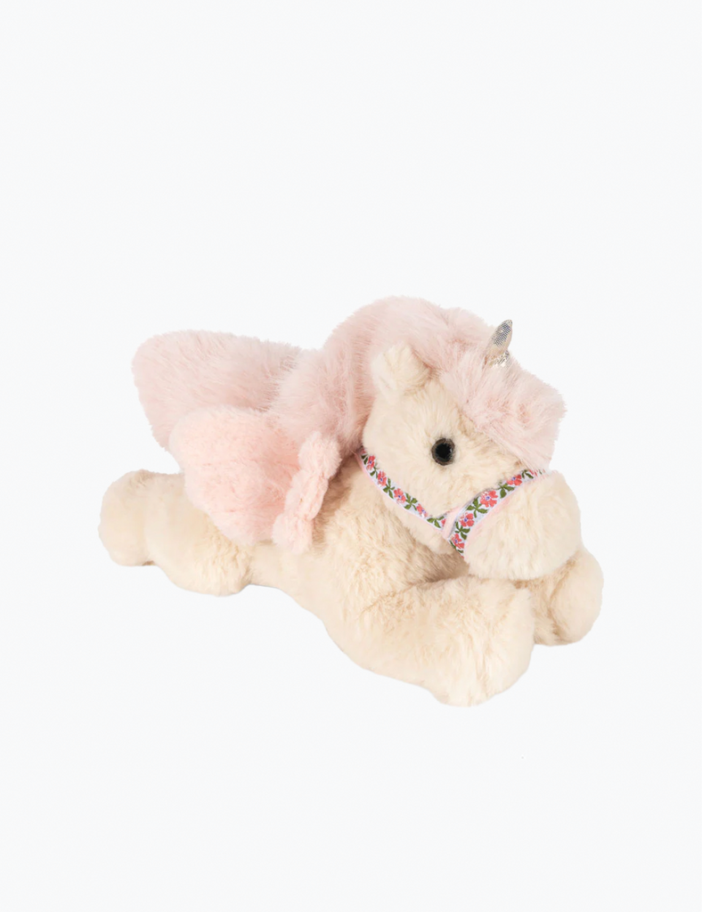 Plush toy horse with pink mane on a white background