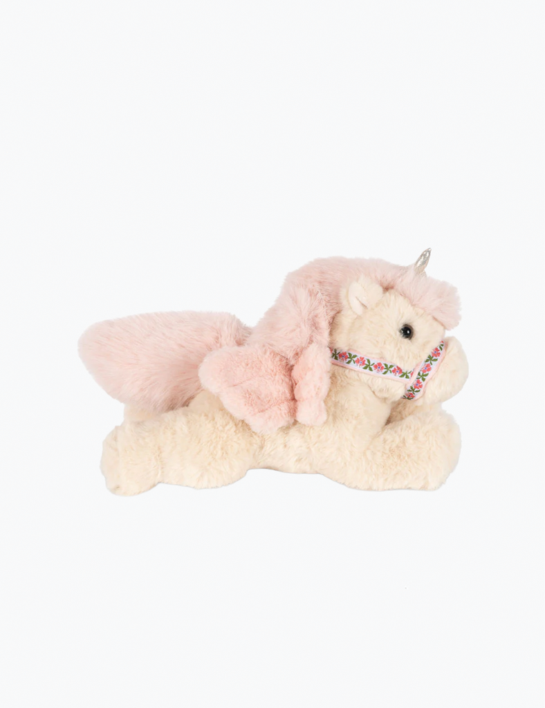 Plush toy horse with pink mane on a white background