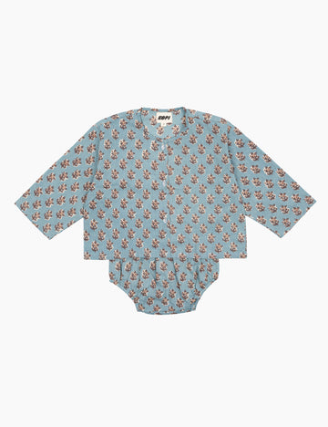 Light blue baby set with brown block pattern on a white background