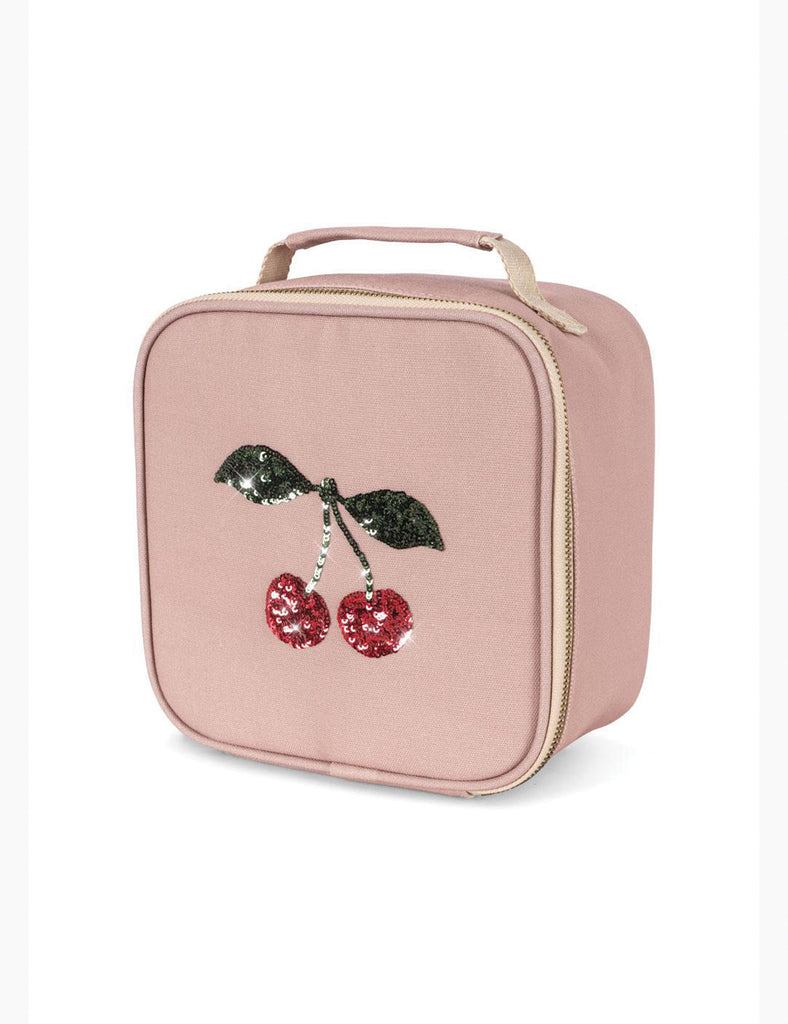 Pink lunch bag with cherry design on a white background