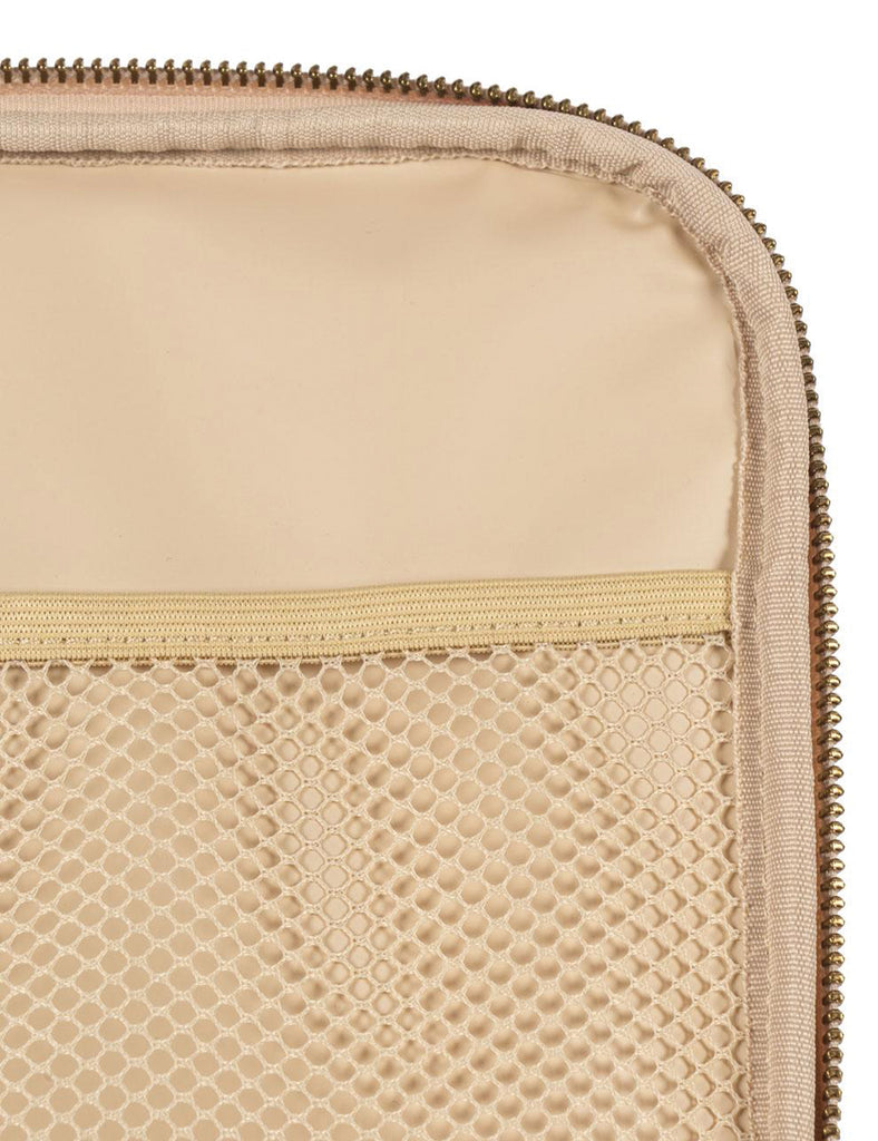 Close-up of a beige zippered pouch with mesh side pocket on a white background