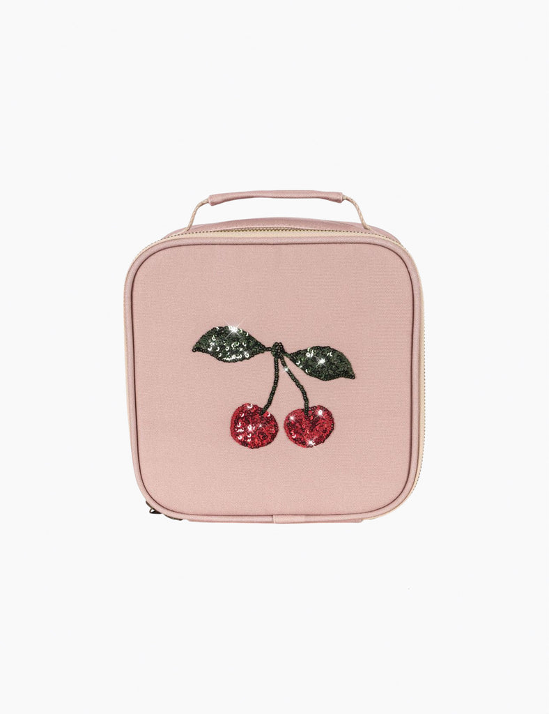 Pink lunch bag with cherry design on a white background