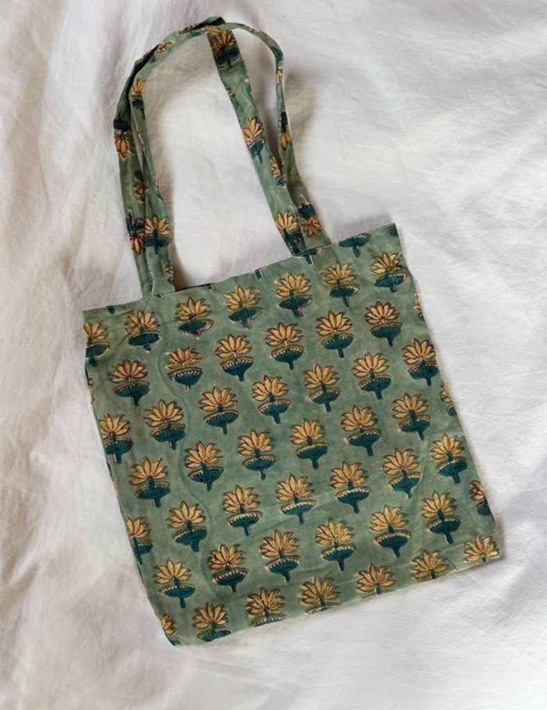 Floral patterned tote bag on a white background