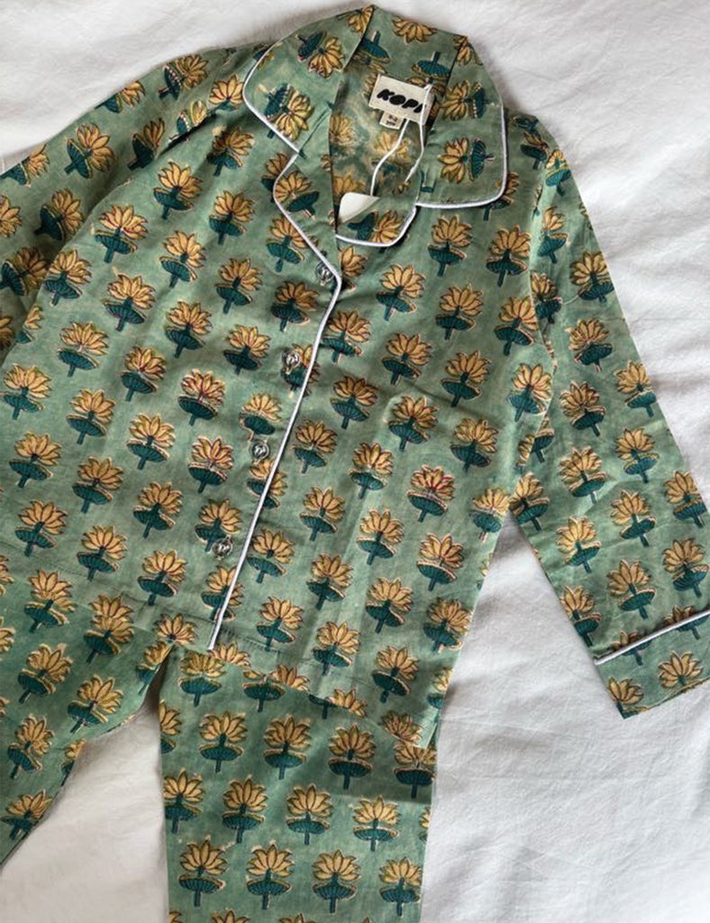Floral patterned pajama set on a white background