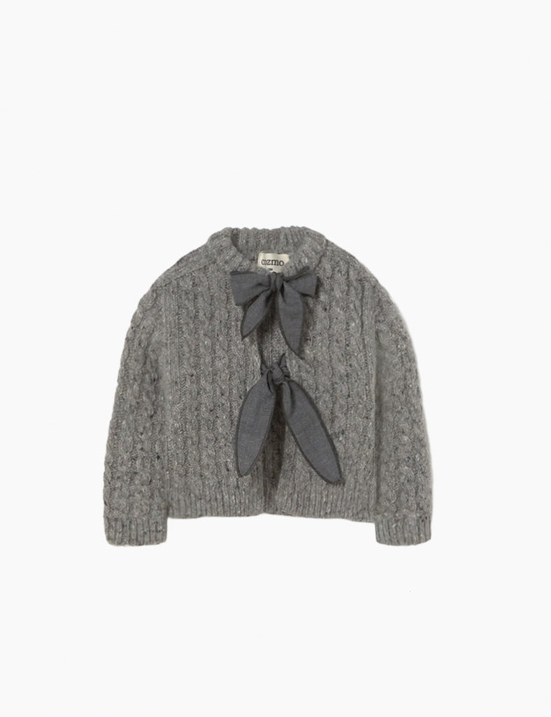 Gray knitted sweater with bow detail on a white background