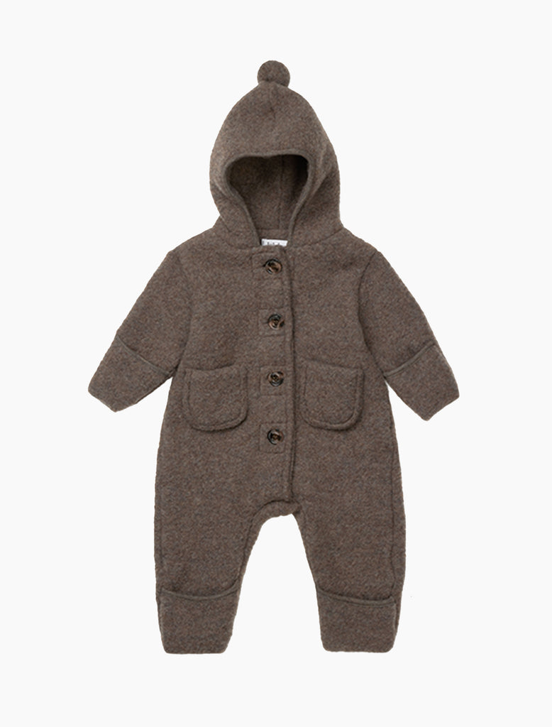Brown baby snowsuit with a hood on a white background