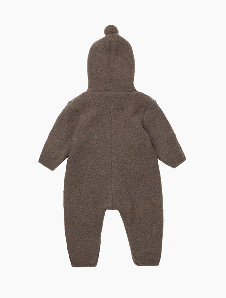 Brown baby snowsuit with a hood on a white background