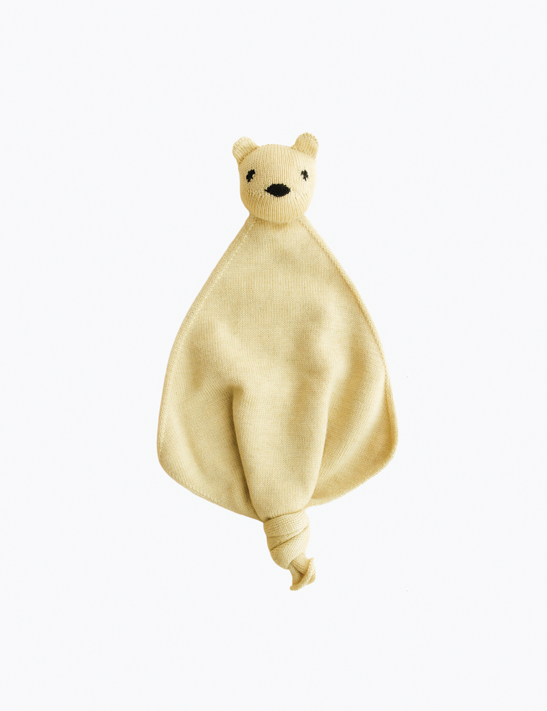 Image of a stuffed bear pacifier holder on a white background