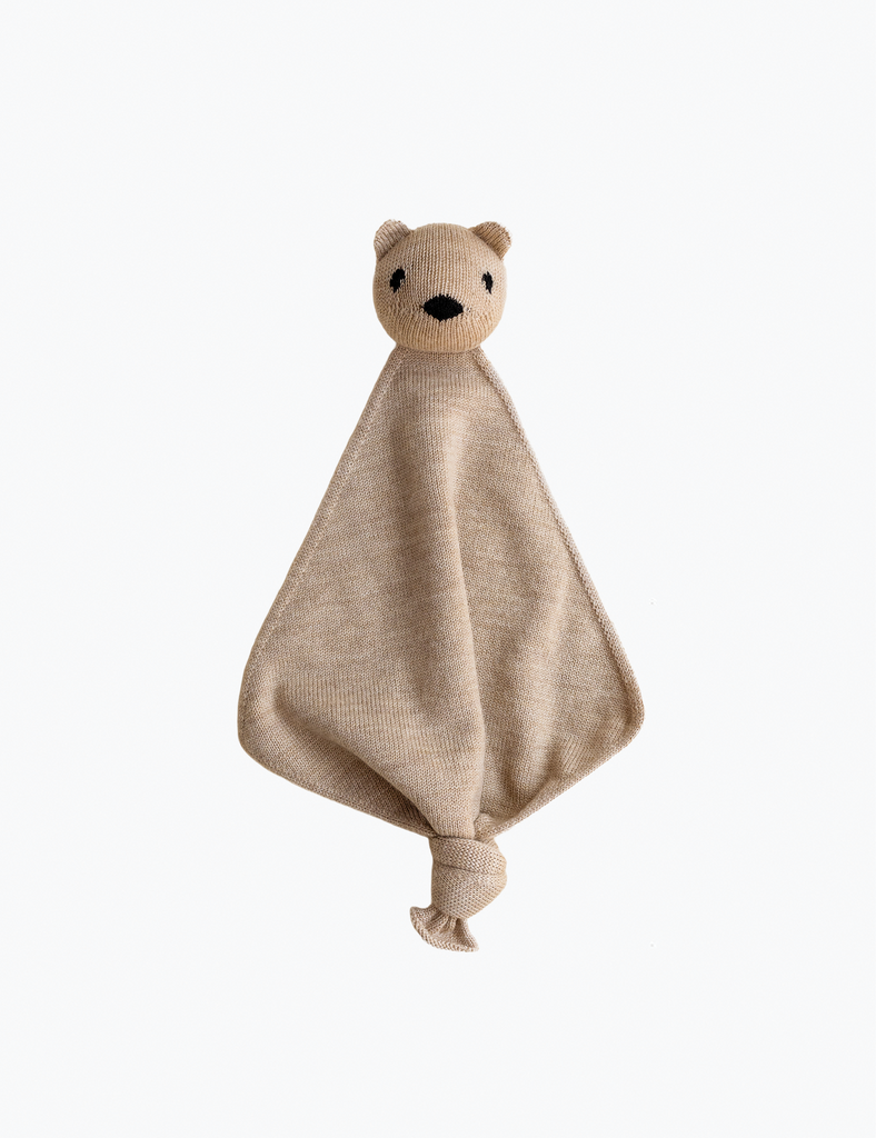 Beige baby comfort blanket with bear face design on a white background