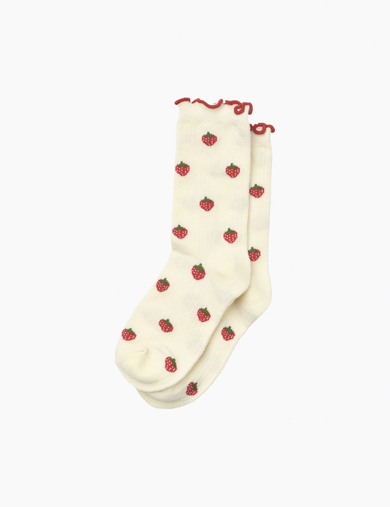 White socks with red strawberry pattern on a white background