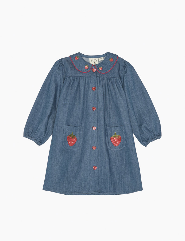 Blue dress with strawberry designs on a white background