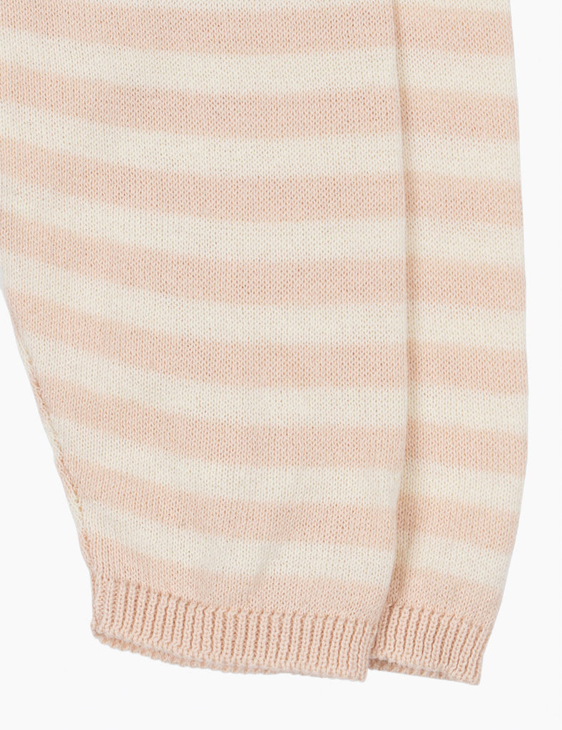 Close-up of a pink and white striped sweater with a plain background