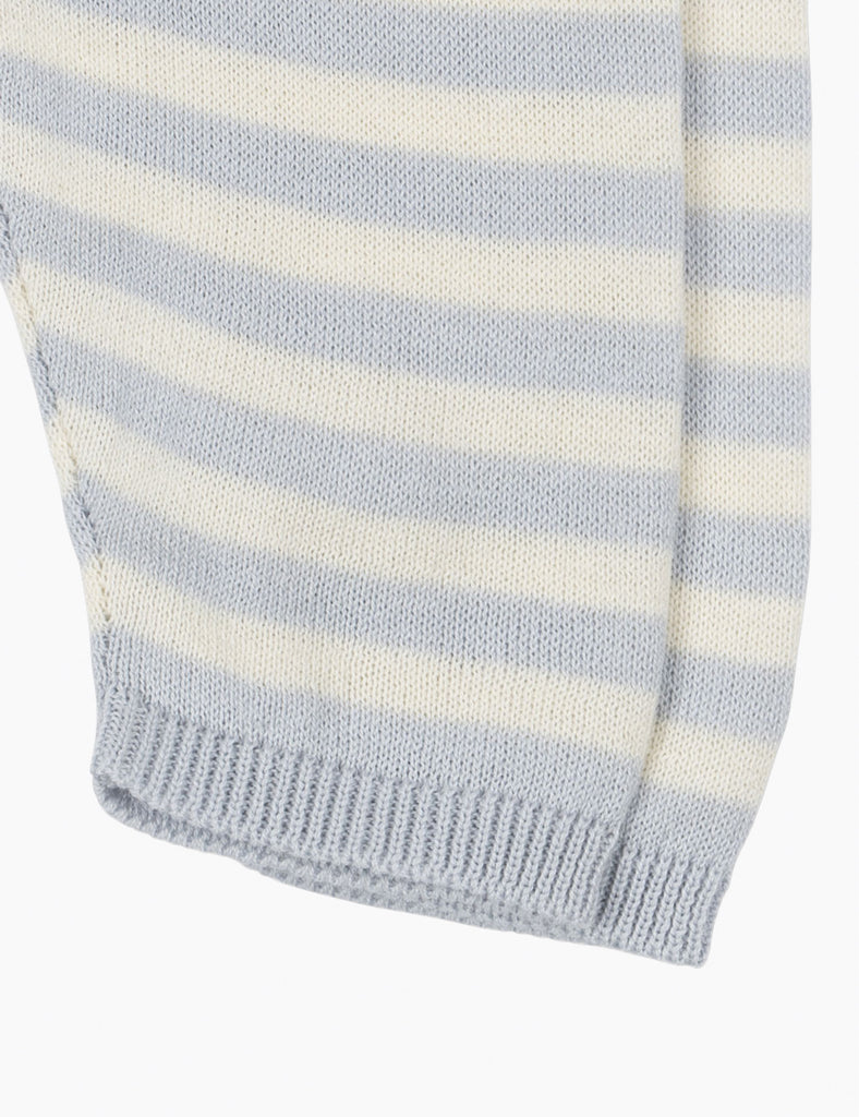 Close-up of a light blue and white striped sweater on a white background