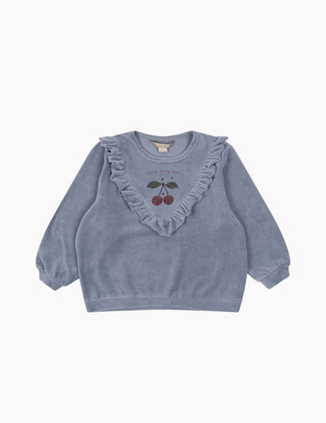 Blue sweater with ruffled collar and cherry design on a white background
