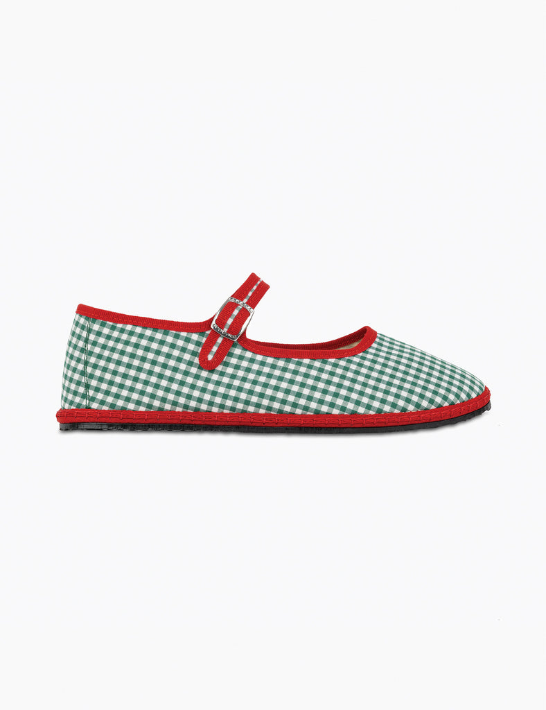 Image of Women's Cotton Mary Jane Flats in Etrusca Green Gingham