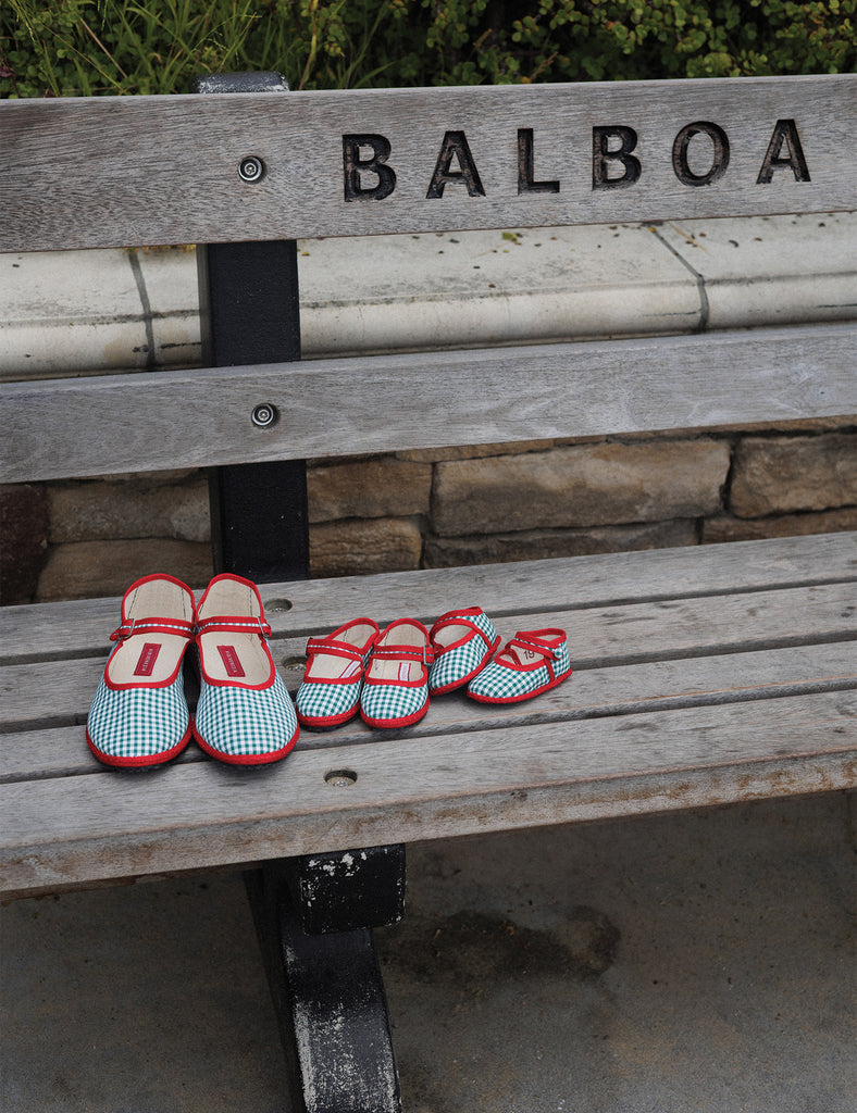 Image of Women's Cotton Mary Jane Flats in Etrusca Green Gingham