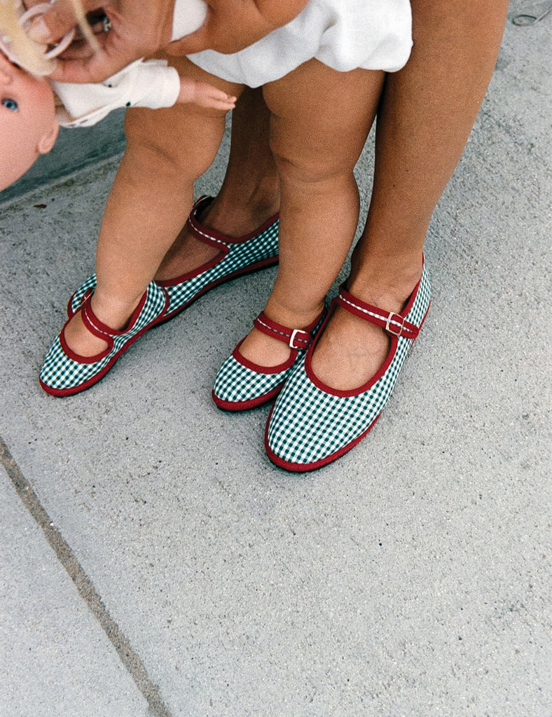 Image of Women's Cotton Mary Jane Flats in Etrusca Green Gingham