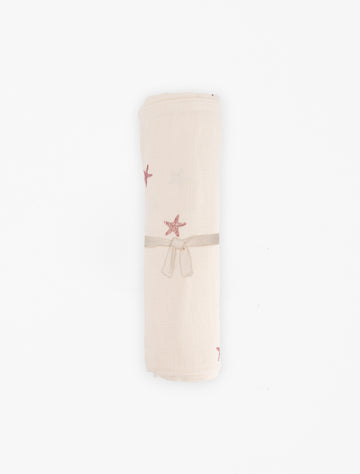 Swaddle Blanket in Pink Starfish flat lay image.